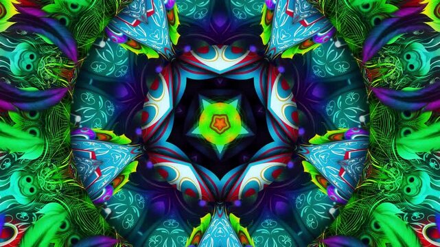 Vibrant psychedelic kaleidoscope animation with peacock feather motifs and symmetrical mandala patterns