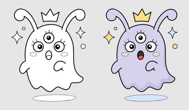 Cute Alien Ghost Character Line Art And Colored Vector Illustration