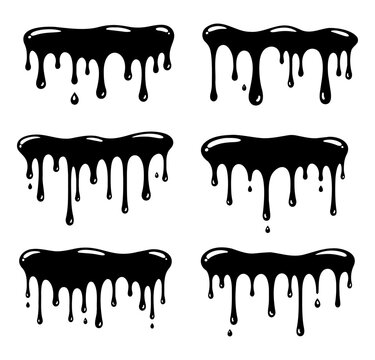 Black Dripping Paint Liquid Drips Vector Set Hand Drawn Line Art