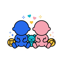 Fototapeta premium Cute Baby Boy and Girl Twins Sitting with Toys Vector Illustration