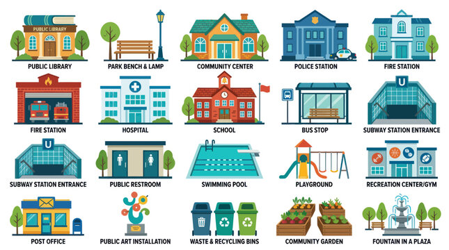 Flat Style Vector Icons of Public Buildings and City Elements for Urban Design
