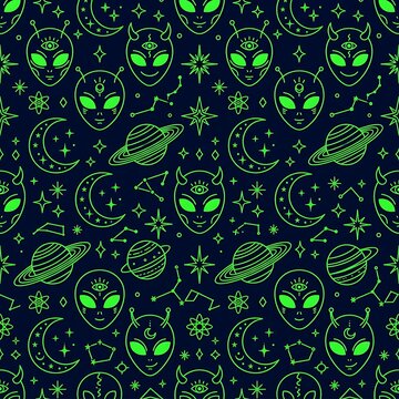 Seamless cosmic alien pattern with glowing green line art of alien heads, crescent moons, Saturn planets, constellations, and stars on a deep dark blue background layout design.