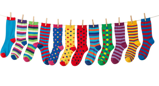 Colorful socks hanging on a clothesline. Bright patterned hosiery drying on a laundry rope.
