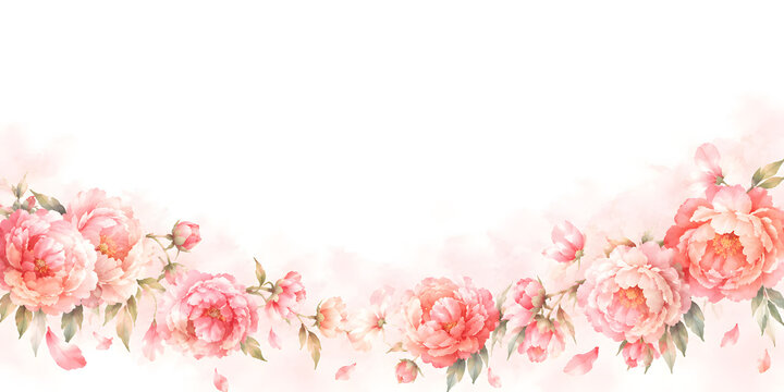 下端にコーラルピンクの芍薬が垂れ下がるように連なる水彩背景 / Coral Pink Peony Cascading Bottom Watercolor Background