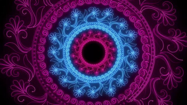 Neon pink and blue ornamental mandala pattern with glowing floral filigree on black background