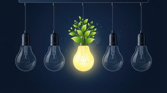 Eco friendly green energy concept with glowing light bulb growing plant leaves among dim lightbulbs on dark background vector illustration