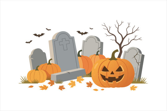 Halloween graveyard scene with pumpkins, tombstones, and bats in flat 2D style. Vector illustration for spooky holiday background.