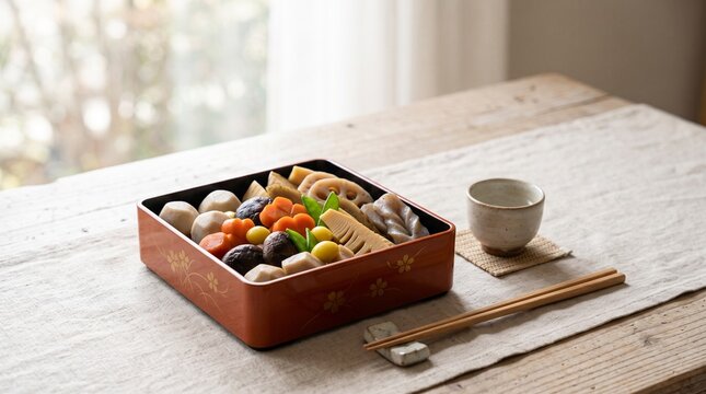 おせち料理の静物　リネンのランナーの煮しめの一段、柔らかい窓の光