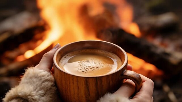 Woman holding wooden cup of hot coffee near campfire. Female hands in fur sleeves with warm drink by fire flame.