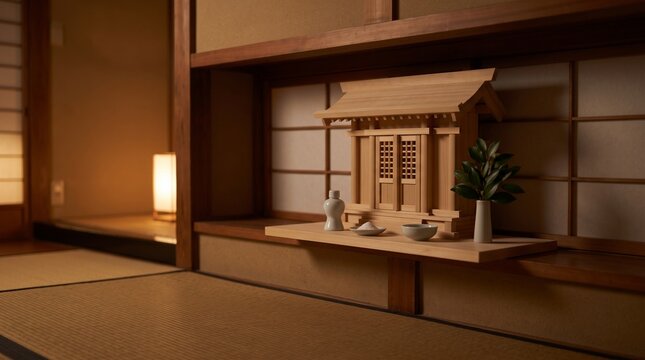 日本の家庭の神棚　扉を閉じた白木の宮形、和室の鴨居の上、薄暗い夜の暖色光