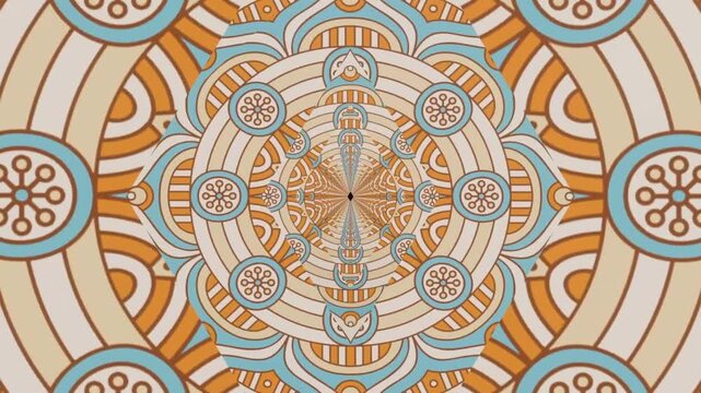 Symmetrical ornamental mandala pattern with kaleidoscopic tunnel animation in warm beige, orange, and turquoise