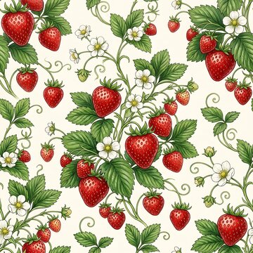Seamless botanical strawberry pattern with ripe red berries, white blossoms, green leaves, and delicate vine tendrils rendered on a clean off-white background layout design.