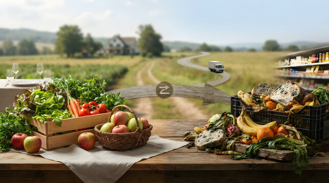 Fresh farm produce versus food waste comparison on a rustic wooden table.