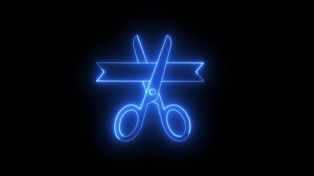 Neon ribbon cutting ceremony animation, glowing blue scissors opening grand opening symbol for business launch and event marketing