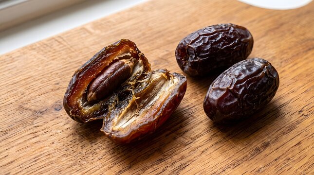 Open dried date with seed beside whole dates on wood