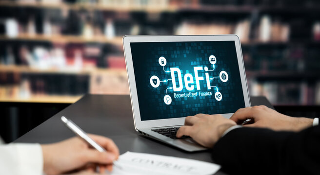 Decentralized finance or DeFi concept on brisk computer screen . The defi system give new choice of investment and money saving .