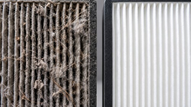 Dusty and clean air purifier filter comparison showing differences in pleat condition and effectiveness. concept of air quality, home maintenance, cleaning, health