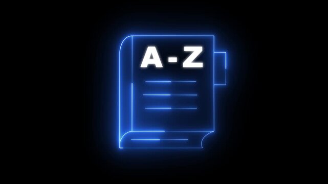 Glowing neon dictionary animation: a-z alphabetical reference symbol for digital education and search interfaces