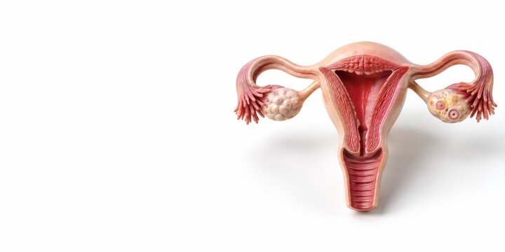 Anatomical uterus model with ovaries on white background with copy space. concept of medical education, reproductive health, gynecology study, banner