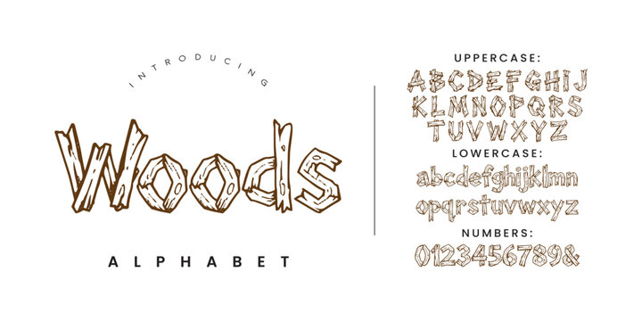 Woods wooden log font alphabet uppercase lowercase and numbers vector graphic