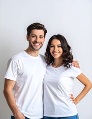 Fototapeta premium Happy Young Couple in Blank White T-Shirts Studio Portrait