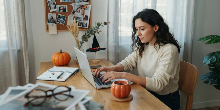 Young woman working on laptop at wooden desk with autumn decor in cozy home office, happy halloween, halloween celebration theme