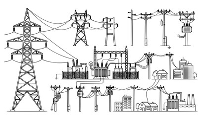 Fototapeta premium Electric Power Distribution Line Illustration Set Vector Transmission Tower Utility Pole Substation City Grid Infrastructure