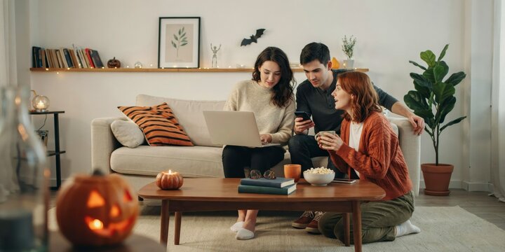Three friends sitting in a cozy living room decorated for halloween, happy halloween, halloween celebration theme