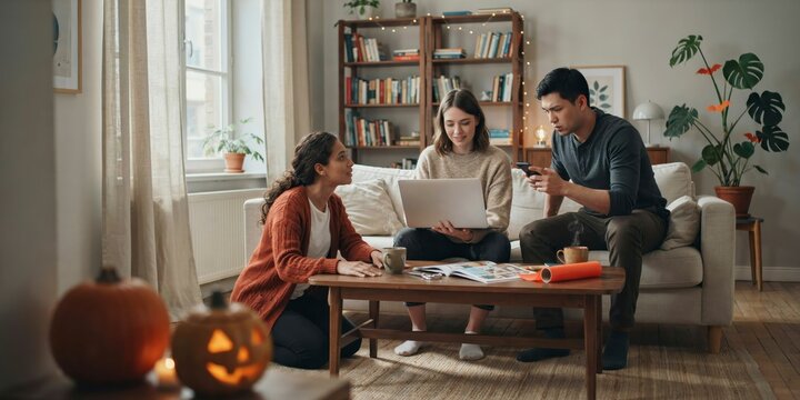 Three friends working together on a laptop in a cozy living room during autumn, happy halloween, halloween celebration theme