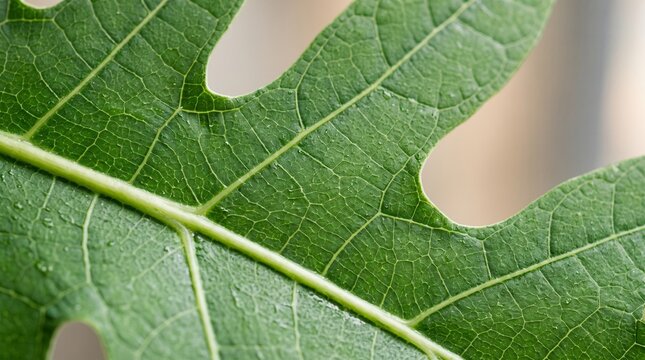 Macro shot of a vibrant green papaya leaf showing intricate vein structures and tiny dew drops