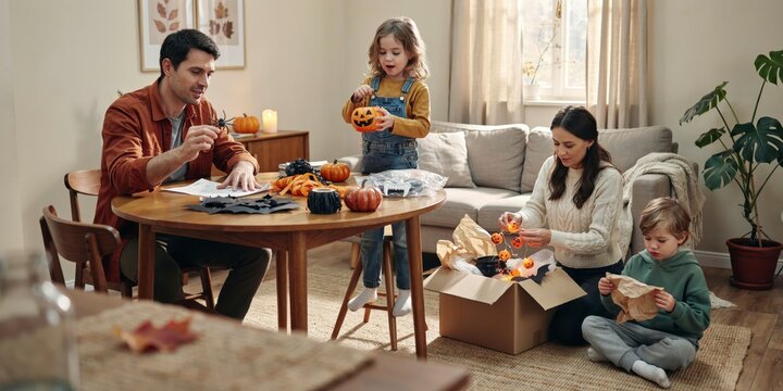 Happy family decorating their home for halloween together, happy halloween, halloween celebration theme