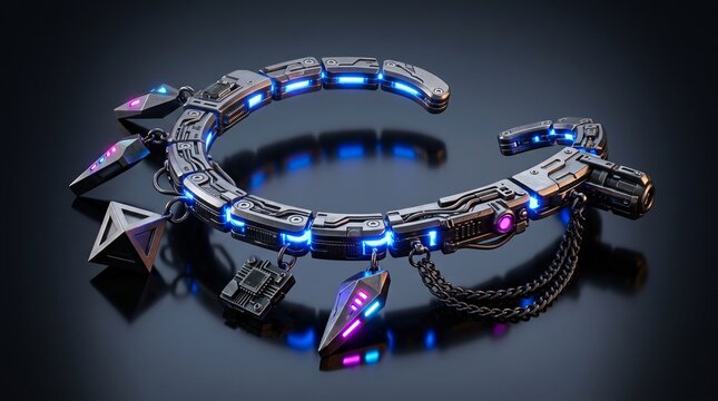 Modular cyberpunk ear cuff with articulated magnetic segments, geometric charms and glowing blue pink purple indicators, designed as futuristic premium jewelry.