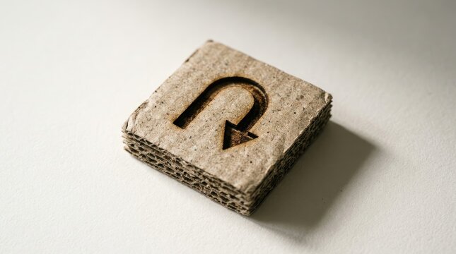 Burnt u-turn arrow symbol embossed onto a stack of rough recycled cardboard squares isolated against a clean white paper background