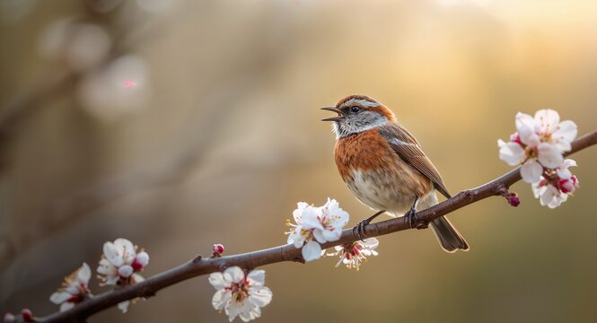 Close?up of songbird perched on blossoming branch singing at first light with bokeh forest background illustrating birds chirping morning in premium stock photo