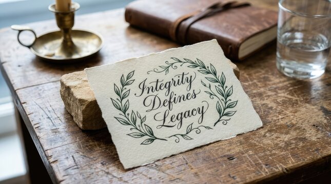 Textured paper featuring elegant hand written calligraphy stating integrity defines legacy surrounded by natural green floral laurel on wooden table