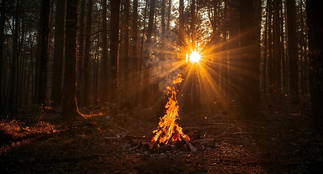 Sunlit forest clearing ablaze with dancing bonfire flames as golden rays filter through canopy for elemental fire and sunlight harmony session � great for sunrise designs