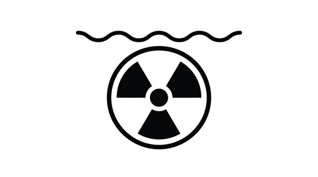 Radioactive hazard symbol submerged beneath wavy water line showing dangerous environmental contamination risks in black and white minimalist vector graphic style for modern icon design project