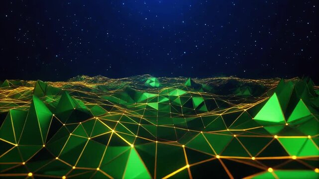Digital low poly green terrain with glowing golden grid