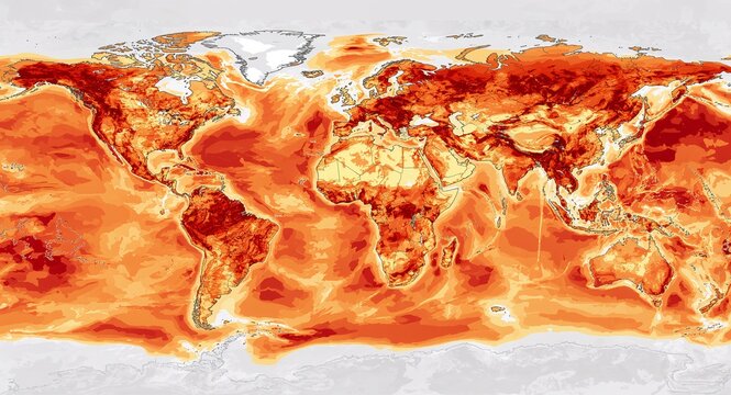 GIS analysts generating temperature anomaly map overlays on world continents showing decade?long heat deviations for climate research publications and marketing