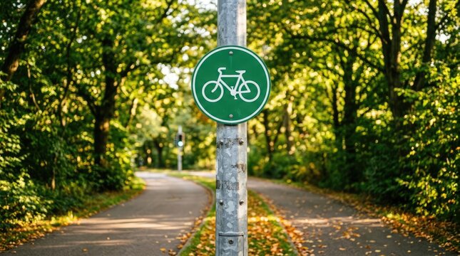 Bright green circular bicycle sign mounted on a textured metal post standing in front of lush trees during sunny afternoon