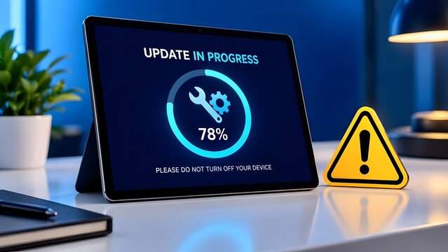 Tablet device displaying software update in progress screen with physical yellow warning triangle sign for mobile device management and system upgrade concept