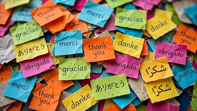 A collection of colorful sticky notes with the word thank you written in many different world languages