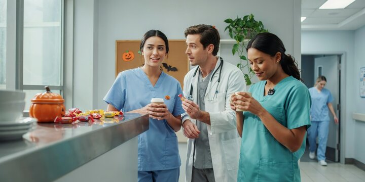 Medical staff taking a break with coffee and candy in a hospital breakroom, happy halloween, halloween celebration theme