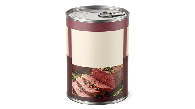 Sealed tin can with a customizable label featuring an image of sliced meat isolated on white for packaging design mockups, food marketing, and grocery store advertising.