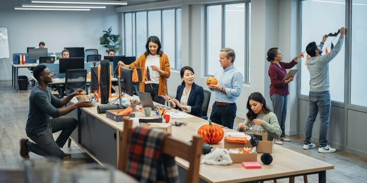 Diverse office team decorating workspace for halloween celebration, happy halloween, halloween celebration theme