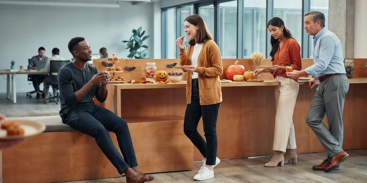Diverse colleagues enjoying halloween treats and conversation in a modern office breakroom, happy halloween, halloween celebration theme