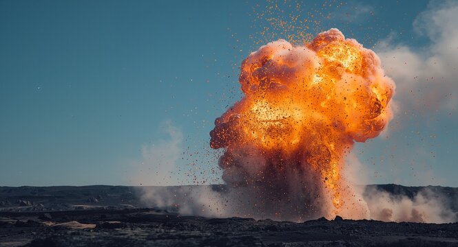 Dynamic action shot freezing moment of magma explosion ejecting glowing rock fragments and ash particles against clear sky � great for volcano, lava and eruption designs