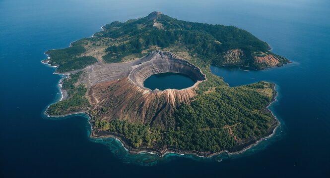 Aerial drone photo of remote island volcano crater surrounded by caldera lake and dense vegetation highlighting unique volcanic island landscape features visuals