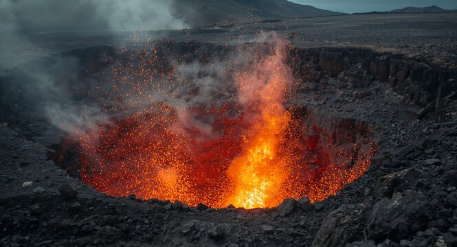 Slow motion capture of nature force explosion blasting ash and molten rock high above crater rim with cloud of charged particles expanding rapidly and marketing