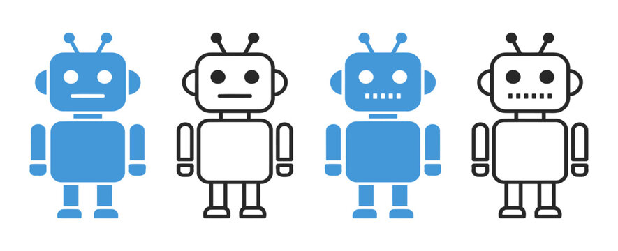 Set of simple robot character icons in different styles with robot icon character technology automation